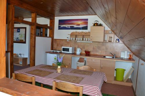 a small kitchen with a table and a counter at Ubytování Pod Vápenkami in Skalica