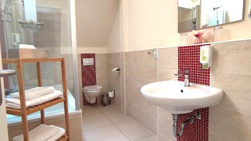 a bathroom with a sink and a shower and a toilet at Ostseehotel Rike in Wismar
