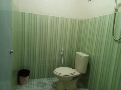 a bathroom with a toilet and green striped walls at Tengger Bromo Villa in Ngadisari