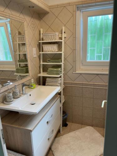 a bathroom with a sink and a mirror at Szemes Villa in Balatonszemes