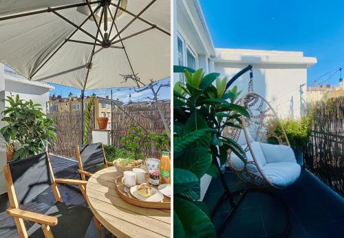 un patio avec une table et un parasol dans l'établissement Nestor&Jeeves - TERRASSE DU SUD - Central - Terrace, à Nice