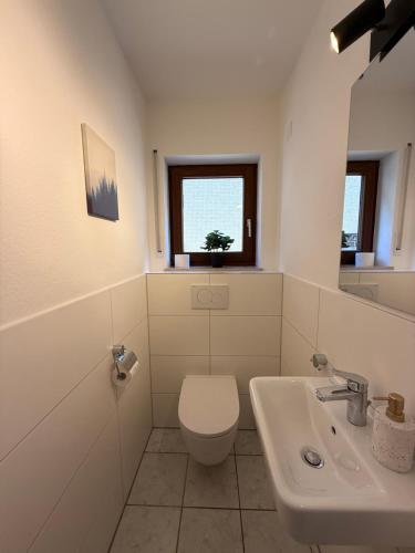 a white bathroom with a toilet and a sink at Sali Homes Weingenuss Eichbrunnen - Zentral in Obersulm