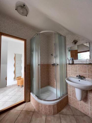 a bathroom with a shower and a sink at Apartment Balatonfenyves in Balatonfenyves
