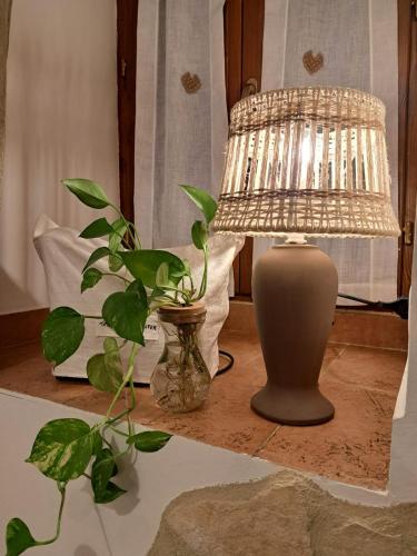 a lamp sitting on a table next to a plant at Nel vicolo dei Baci - Casa vacanze al Bacio in Spello