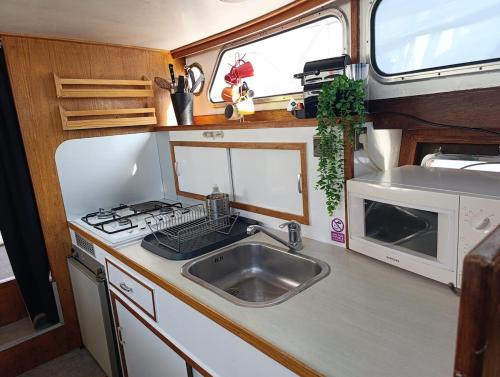 a kitchen in an rv with a sink and a stove at Evasion Romantique sur le Rhône in Valence