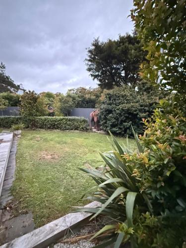 a garden with a grassy yard with an elephant in the background at Your Central Paradise in Palmerston North