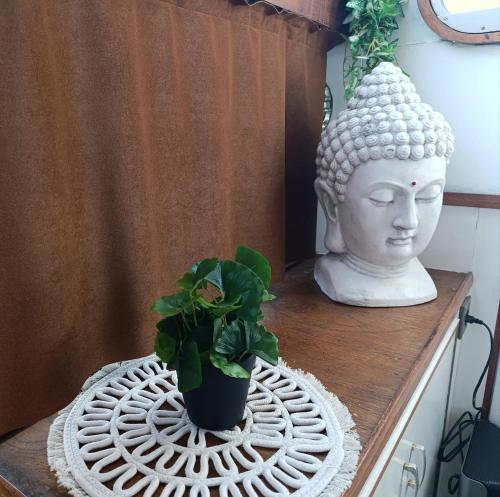 a statue of a head on a table with a plant at Evasion Romantique sur le Rhône in Valence