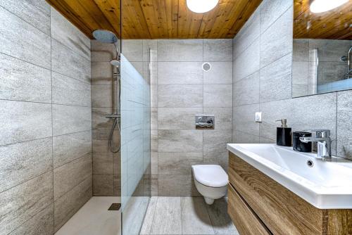une salle de bain avec toilettes, lavabo et douche dans l'établissement Chamonix Centre - Sophisticated 2-Bedroom Duplex, à Chamonix-Mont-Blanc