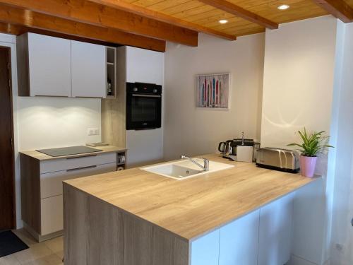 une cuisine avec un évier et un plan de travail dans l'établissement Chamonix Centre - Sophisticated 2-Bedroom Duplex, à Chamonix-Mont-Blanc