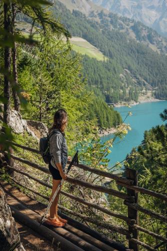 a person standing on a fence looking at a river at Aparthotel Maso Corto in Maso Corto