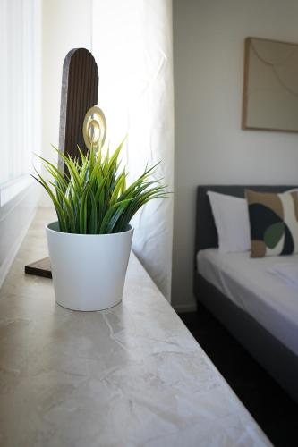 a potted plant sitting on a table in a bedroom at Spacehotel Karlsruhe in Karlsruhe
