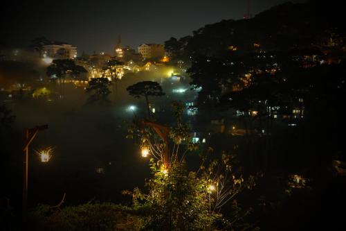 a city lit up at night with lights at Cú Trên Cây Homestay in Xuan An
