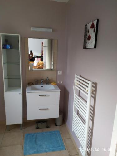 une salle de bain avec un lavabo et un miroir dans l'établissement Mini villa T2, 200 m de la plage, piscine chauffée, jardin, à Prunete