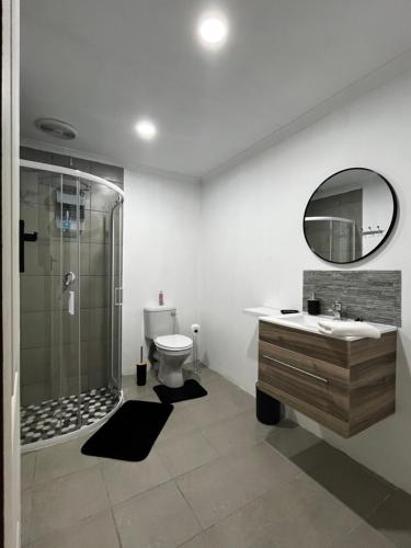 a bathroom with a shower and a sink and a toilet at Cradock Guest House & Self Catering in Cradock