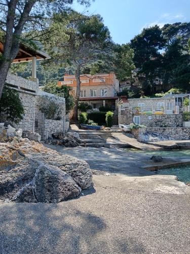 a house with a stone wall and some rocks at Studio apartment Dragana in Babino Polje