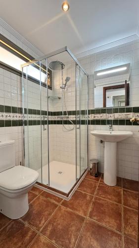 a bathroom with a shower and a toilet and a sink at SUN & SURF Tejita in El Médano