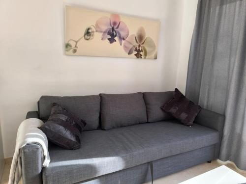 sala de estar con sofá gris con almohadas moradas en Elviria, en Marbella