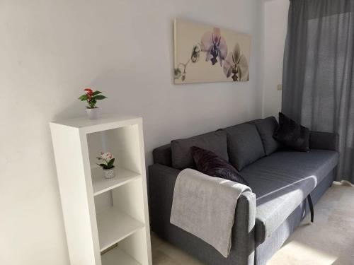 sala de estar con sofá gris y estante blanco en Elviria, en Marbella
