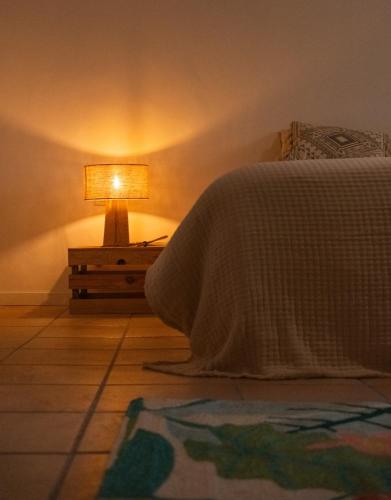 a bedroom with a bed and a lamp on a table at Maison de charme et vue Imprenable à 180 degrés sur les vignes et Pyrénées in Paraza