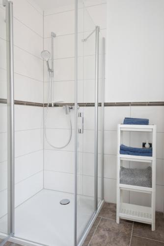 a shower with a glass door in a bathroom at Monteurhus Fehmarn in Fehmarn