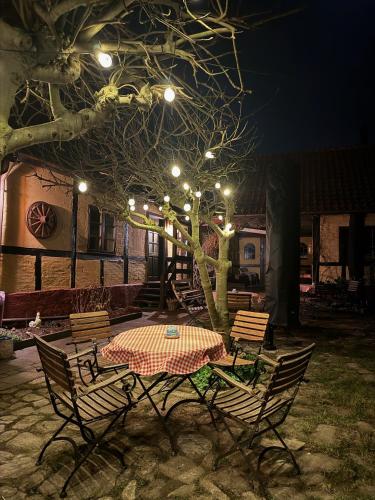 a table and chairs under a tree with lights at Hotel Klostergaarden in Allinge