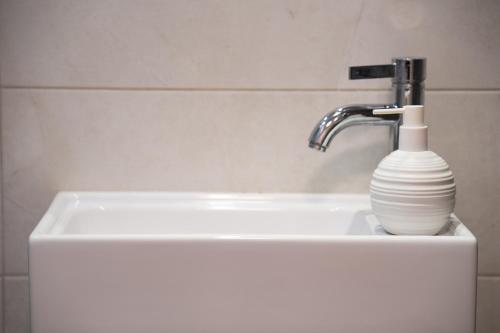 a sink with a vase sitting on top of it at Havatselet 19 By Isrentals in Jerusalem