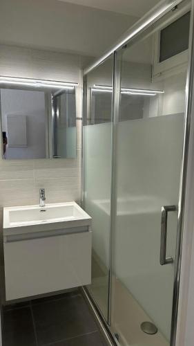 une salle de bain avec un lavabo et une douche en verre dans l'établissement Studio climatisé avec piscine-tennis-parking, à Villeneuve-Loubet