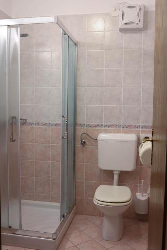 a bathroom with a toilet and a shower at Martinov Hram in Bovec
