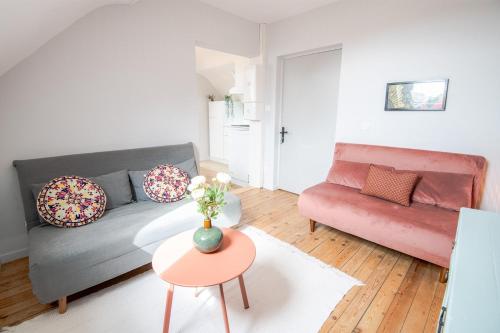 un salon avec un canapé et une table dans l'établissement AU VINCI Appartement 4 personnes, à Amboise