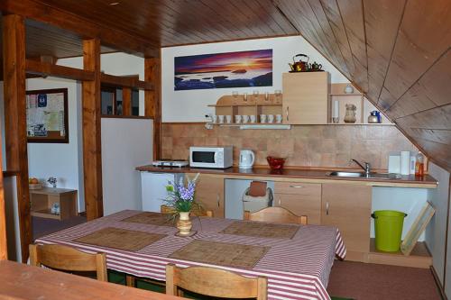 a kitchen with a table and a kitchen with a counter at Ubytování Pod Vápenkami in Skalica