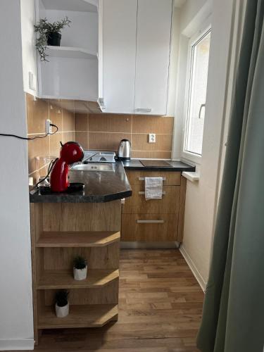 a kitchen with white cabinets and a red appliance on the counter at Apartmán MEDIK in Martin
