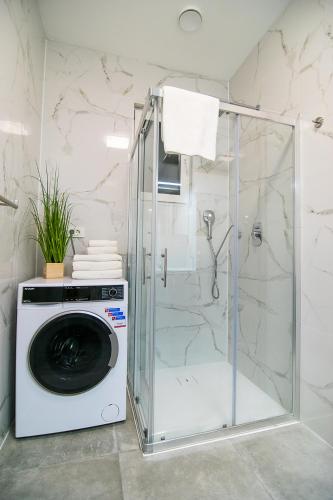 a washing machine in a bathroom with a shower at Apartments Villa Prod in Ljubljana