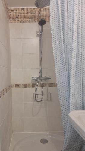 La salle de bains est pourvue d'une douche avec rideau de douche. dans l'établissement Les Sables - Proche Plage- Couchage 4 personnes, à Varaville