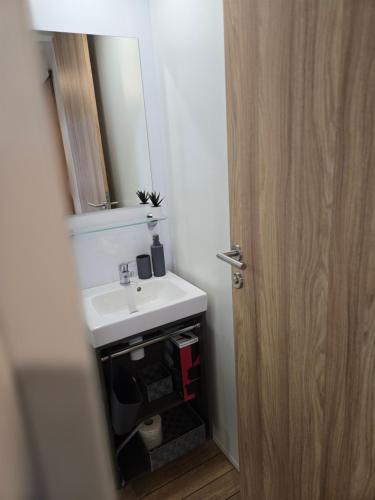 a bathroom with a sink and a mirror at Mobile Home Itana Nr 127 in Rovinj