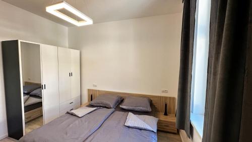a bedroom with a large bed and a mirror at Villa Leopold - apartmánový dům in Karlovy Vary
