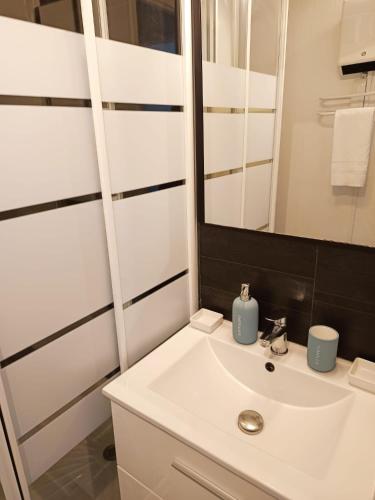 une salle de bain avec un lavabo blanc et un miroir dans l'établissement appartement T2 biscarosse plage, à Biscarrosse-Plage