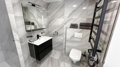 a bathroom with a sink and a toilet at Villa Leopold - apartmánový dům in Karlovy Vary