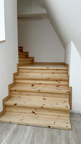 a staircase in a room with wooden flooring at Villa Leopold - apartmánový dům in Karlovy Vary