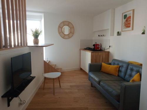 a living room with a couch and a television at Studio atypique et chaleureux coeur d'Ancenis in Ancenis