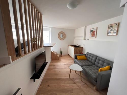 a living room with a couch and a television at Studio atypique et chaleureux coeur d'Ancenis in Ancenis