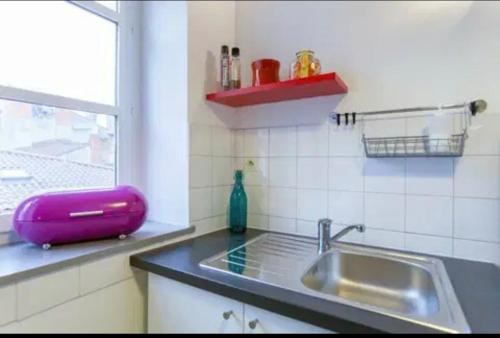 une cuisine avec un évier et un appareil pourpre dans l'établissement Pop Opera Appartement idéal au coeur de lyon 1er, à Lyon