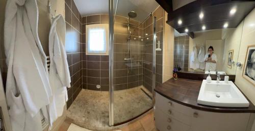 a bathroom with a shower and a sink and a mirror at Aigues Marines in Aigues-Mortes