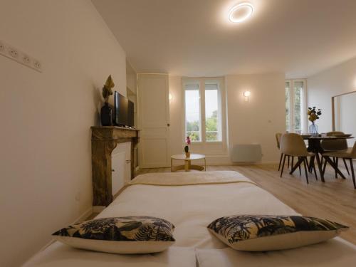 une chambre avec un grand lit avec deux oreillers dans l'établissement Les Lys bleus - 4pers - Rêve au Mans, au Mans