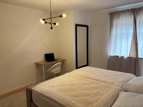 a bedroom with a bed and a desk and a mirror at Ferienwohnung Naturkraft mit Tiefgaragenstellplatz und Balkon in Oberhof