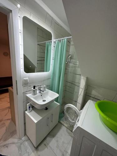 a bathroom with a sink and a mirror at Mimis Apartments in Novalja