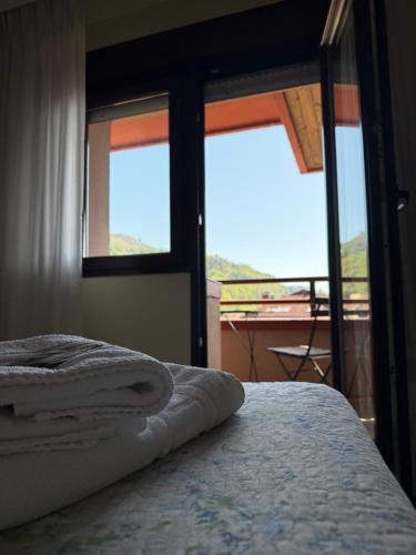 a bedroom with a bed and a window with a view at Pension Reconquista in Cangas de Onís
