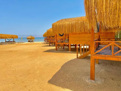 a row of straw umbrellas on a beach at Love beach camp in Taba