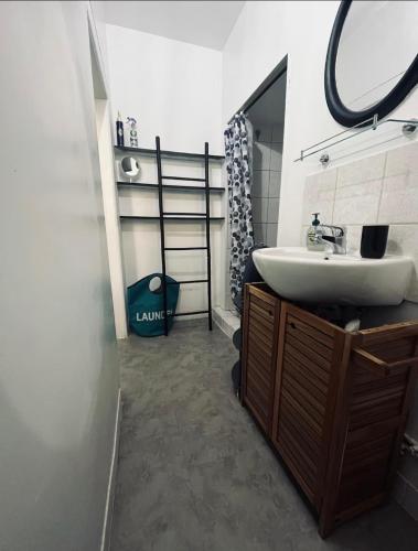 a bathroom with a sink and a mirror at Appartement avec terrasse privative in Celles-sur-Plaine