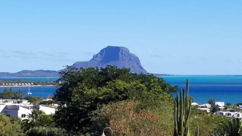 a mountain in front of the ocean with houses and trees at Le Morne View Duplex in Rivière Noire