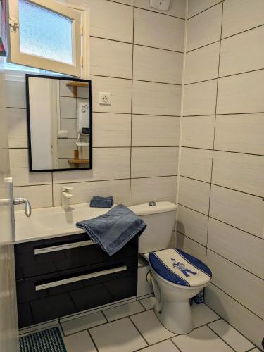 une salle de bain avec toilettes, lavabo et miroir dans l'établissement Appart spacieux 2 chambres, à Fort-Mahon-Plage